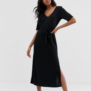 V Neck Midi Dress with Tie Waist